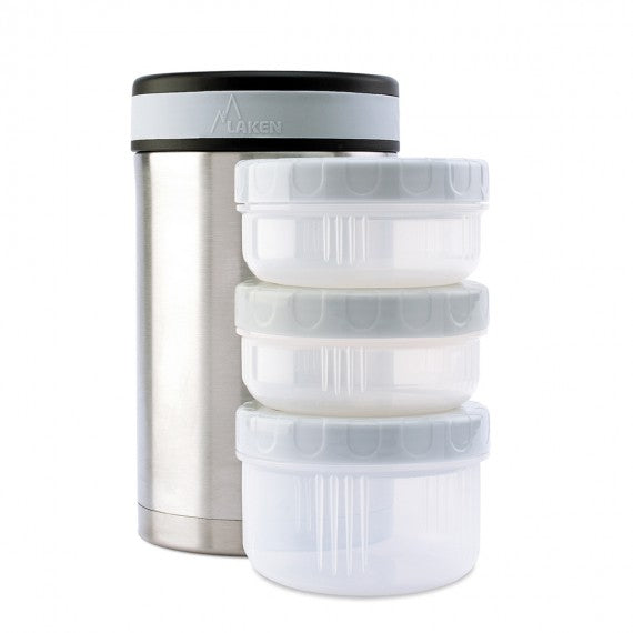 STAINLESS STEEL THERMO FOOD FLASK WITH 3 INNER CONTAINERS AND CARRYING BAG - 50oz