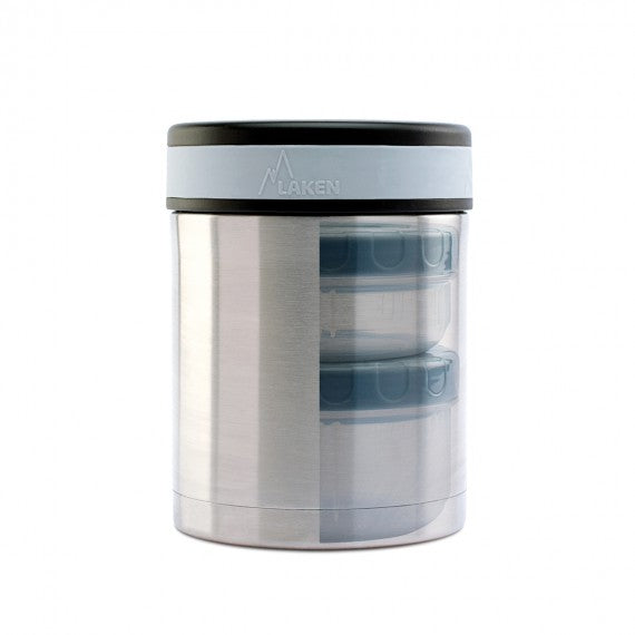 STAINLESS STEEL THERMO FOOD FLASK WITH 2 INNER CONTAINERS AND CARRYING BAG - 34oz