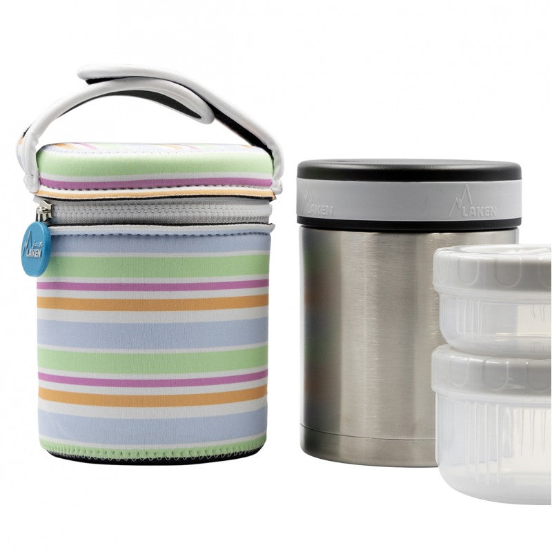 STAINLESS STEEL THERMO FOOD FLASK WITH 2 INNER CONTAINERS AND NEOPRENE COVER - 34oz