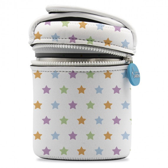 STAINLESS STEEL THERMO FOOD FLASK WITH 2 INNER CONTAINERS AND NEOPRENE COVER - 34oz