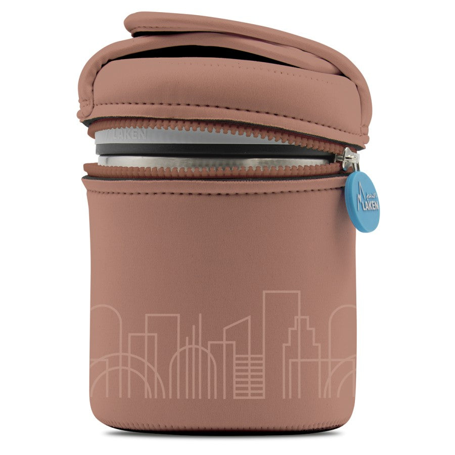 STAINLESS STEEL THERMO FOOD FLASK WITH 2 INNER CONTAINERS AND NEOPRENE COVER - 34oz