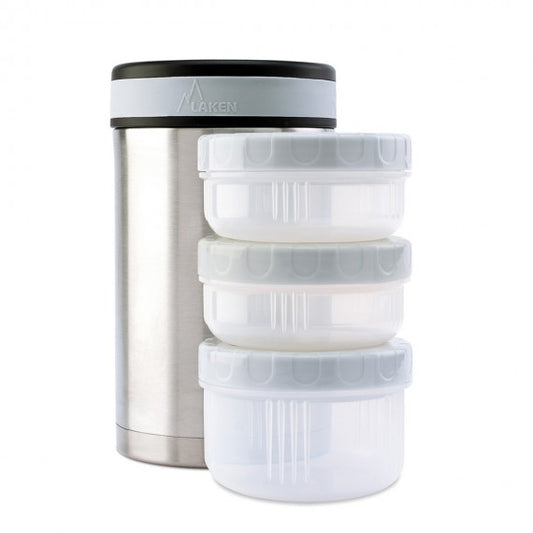 STAINLESS STEEL THERMO FOOD FLASK WITH 3 INNER CONTAINERS AND CARRYING BAG - 50oz