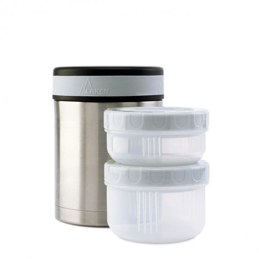 STAINLESS STEEL THERMO FOOD FLASK WITH 2 INNER CONTAINERS AND CARRYING BAG - 34oz